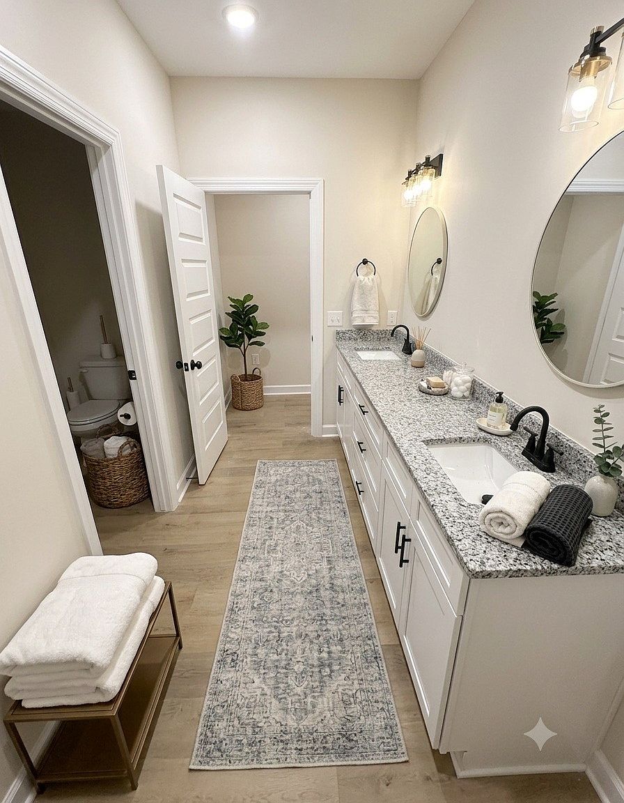 Double vanity bathroom with granite countertop, two sinks, oval mirrors, and black faucets; neutral tones and decorative towels.