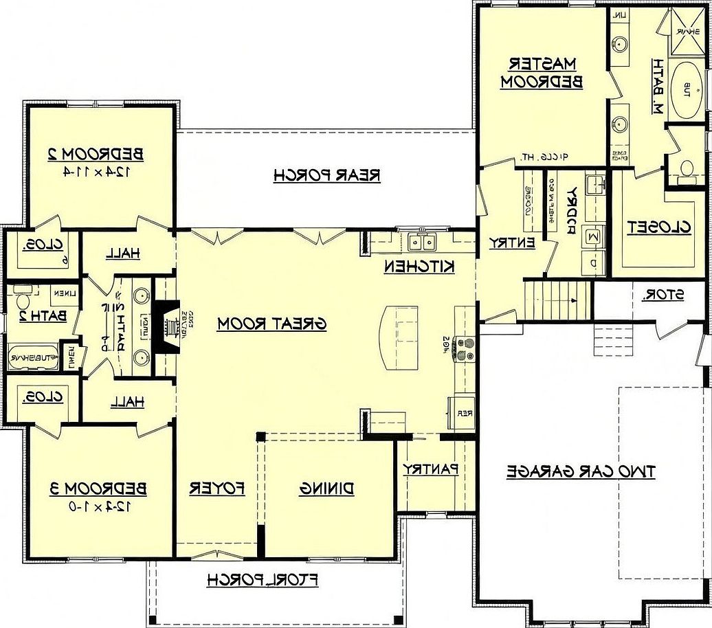 Floor plan of a home showing great room, kitchen, dining, foyer, multiple bedrooms, baths, and an attached two-car garage.