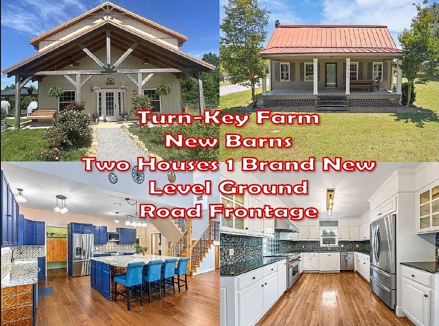 Collage of two farm houses with new barns and interior kitchen spaces, advertising a turnkey farm with level ground and road frontage.